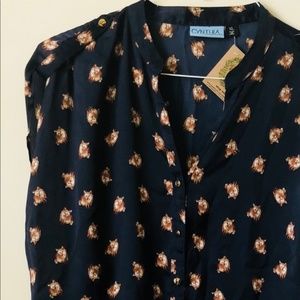 Cynthia Rowley Navy Novelty Fox Print Button Top